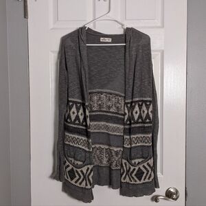 Hollister Geometric Print Longline Hooded Grey Cardigan with Pockets Size XS/S‎